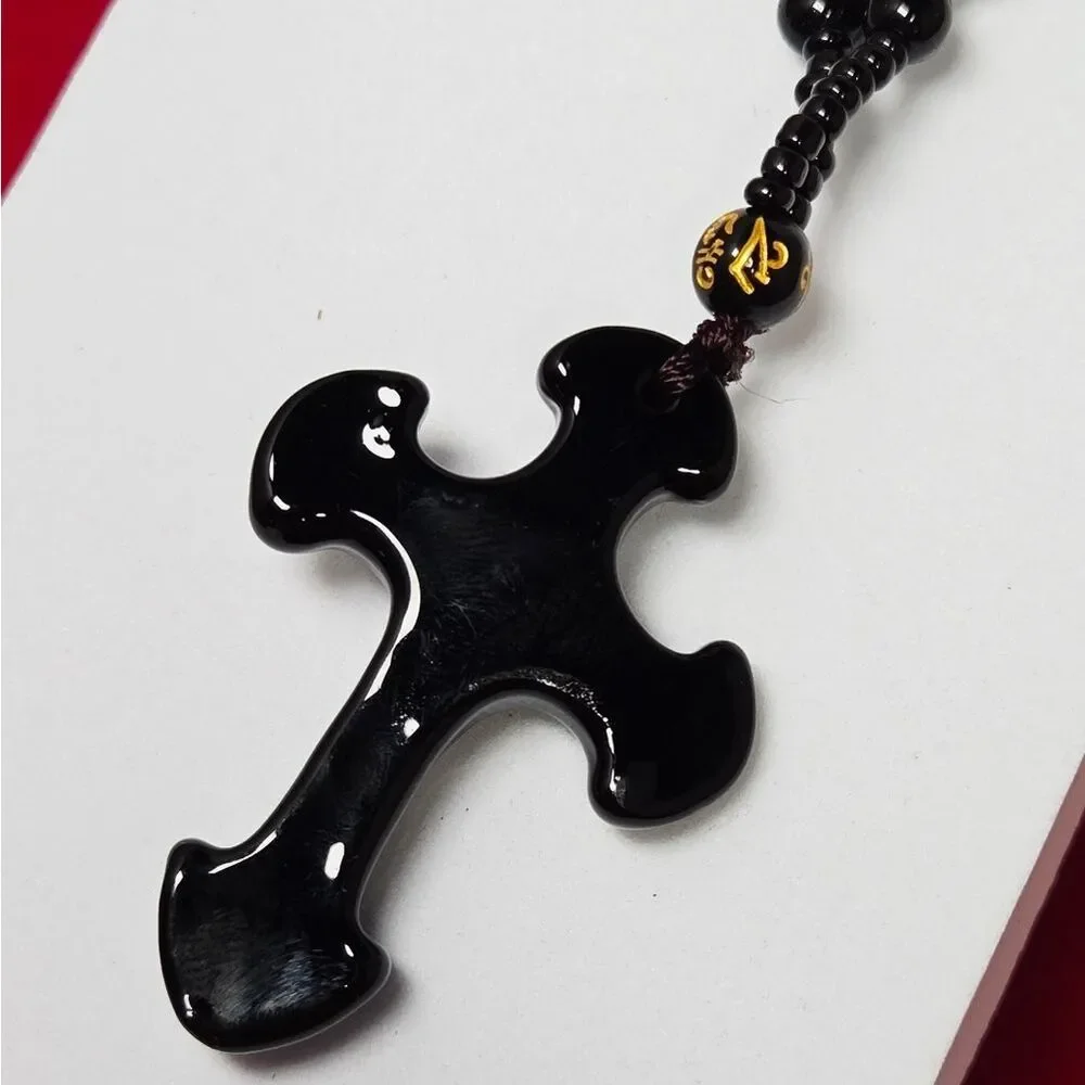 Black Obsidian Cross Beaded Necklace Streetwear Faith Pendant Jewelry Unisex 25